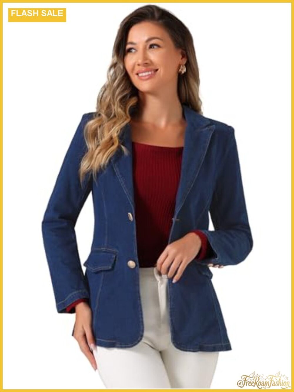 Women's Notched Lapel Denim Blazer Long Sleeve Casual Work Office Shoulder Pads
